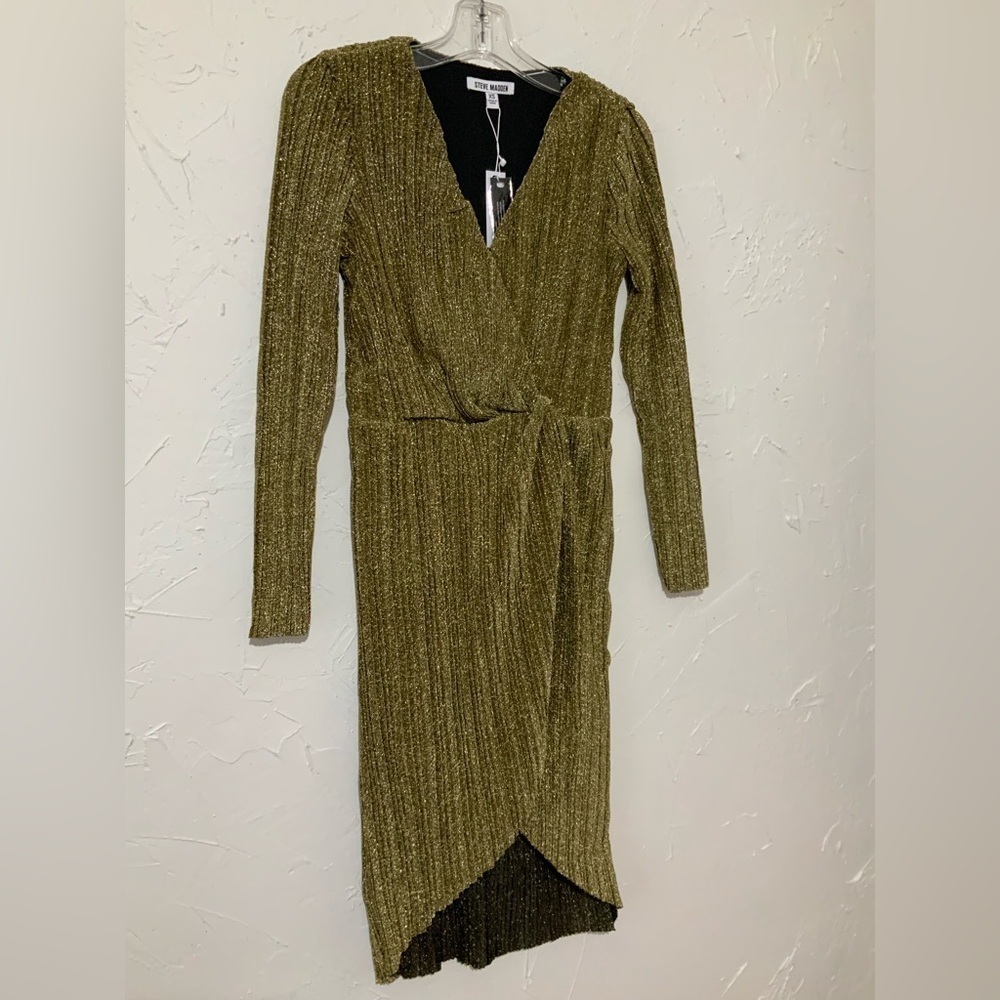 Steve Madden Elegant Crinkle Metallic Long Sleeve Gold Dress Sz XS - Picture 4 of 10